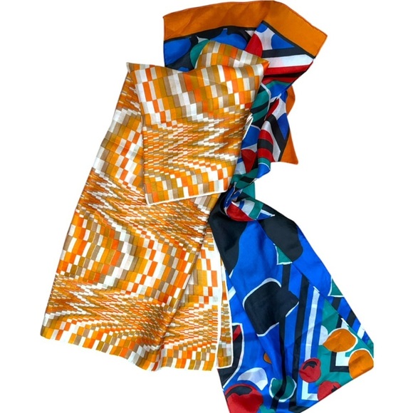 Vintage Scarf Bundle, Abstract Artistic Silk & Mod Geometric Orange - Picture 8 of 9